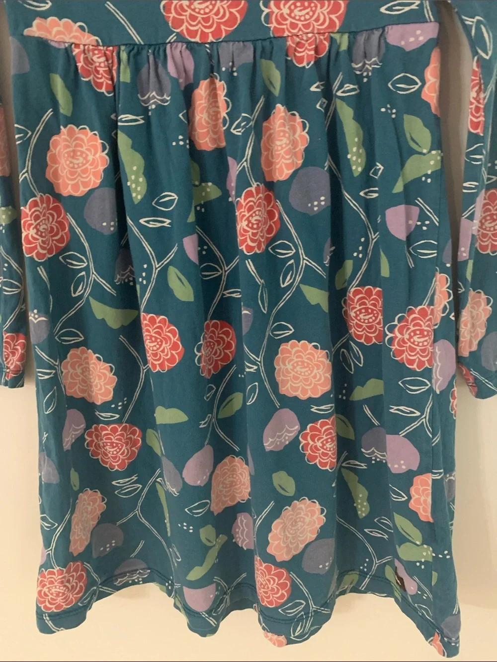 Tea Collection Long Sleeve Floral Empire Waist Cotton Dress Teal Pink Size 7